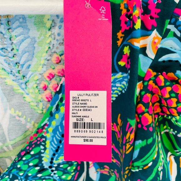 Lilly Pulitzer Aleece Dress Blue Multi Sunshine Jungle Pima Cotton Short Sleeve - Picture 3 of 3